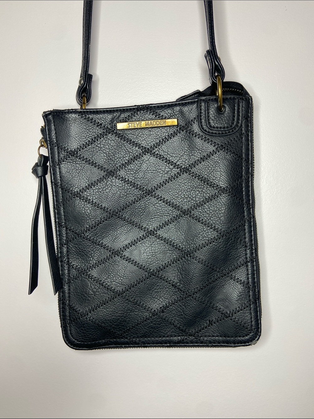 Steve Madden Black Quilted Leather Crossbody with Gold Accent